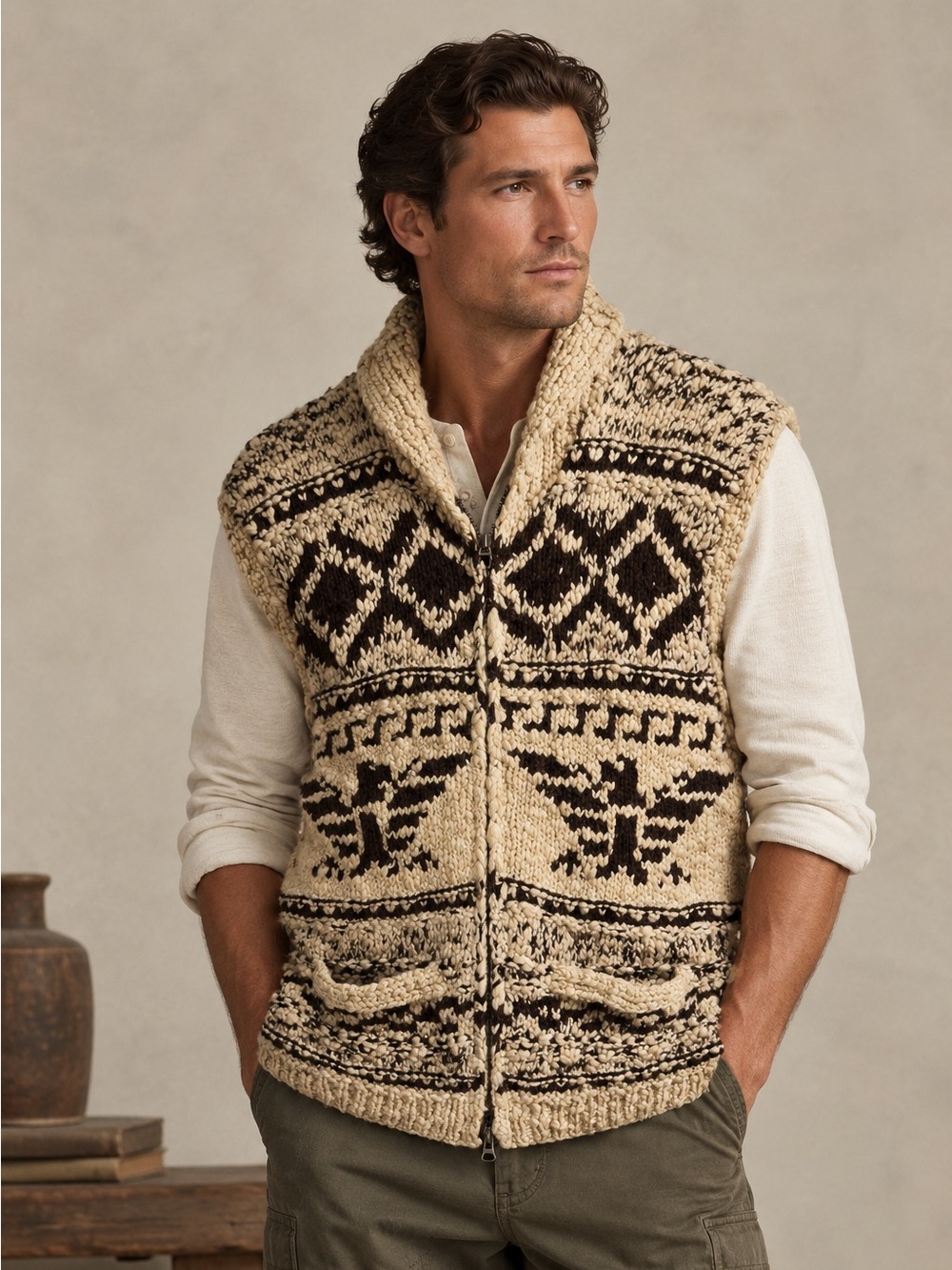 Ralph Lauren RRL Double RL Hand-Knit Wool Cowichan Sweater Vest Size Large Brown